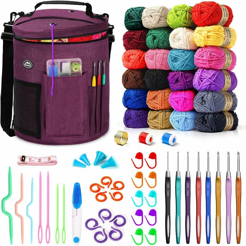 79Pcs Crochet Kit, Large Knitting Bag Yarn Storage Organizer, Crocheting Kits with Waterproof Bag, Beginner Knitting Accessories Set Includes 24 Colors Yarn, Crochet Hook Kits
