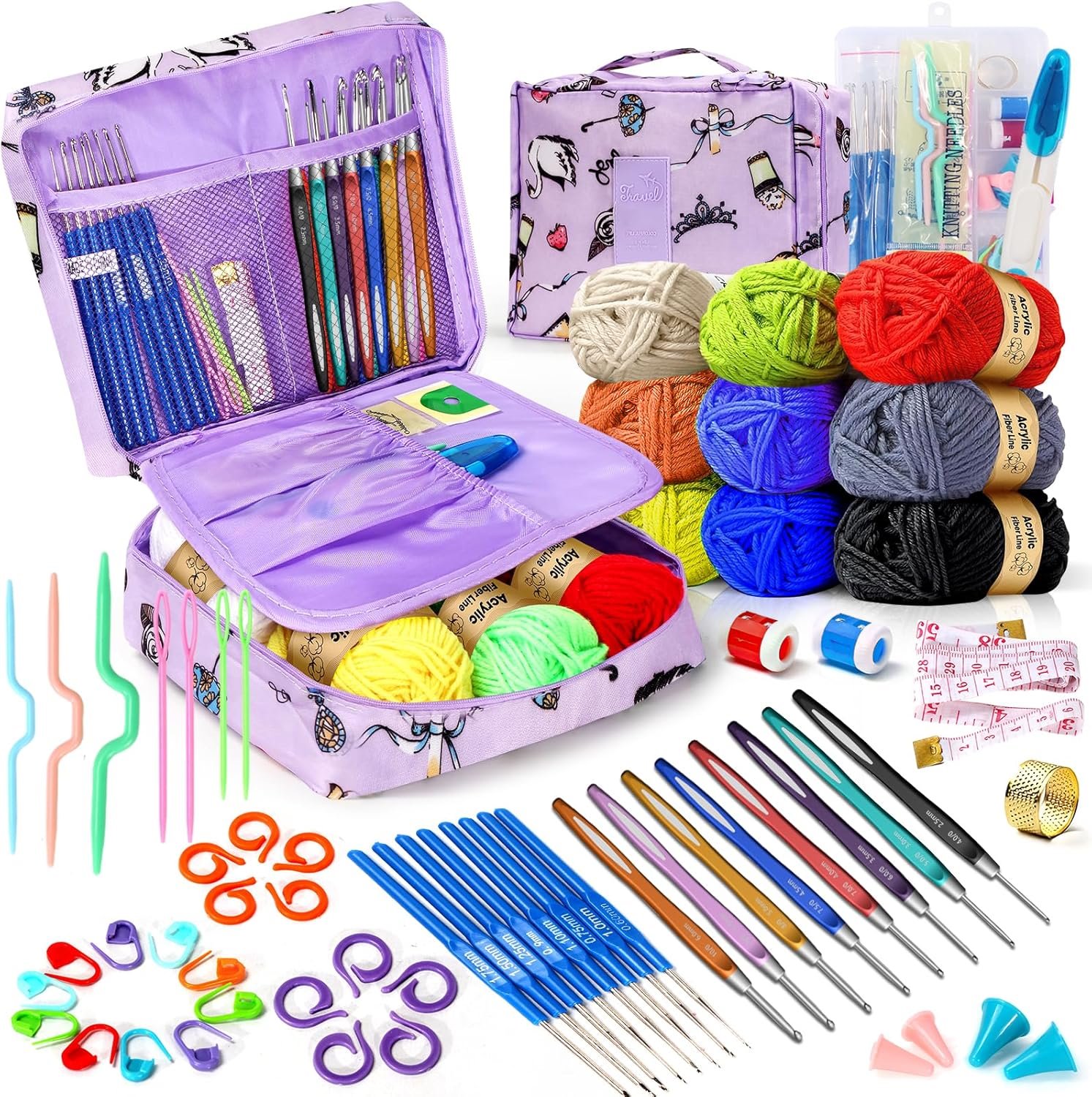 63Pcs Crochet Kit, Knitting Bag Yarn Storage Organizer, Knitting & Crochet Supplies, Waterproof Crochet Bag, Beginner Crochet Kit Includes Yarn-Purple