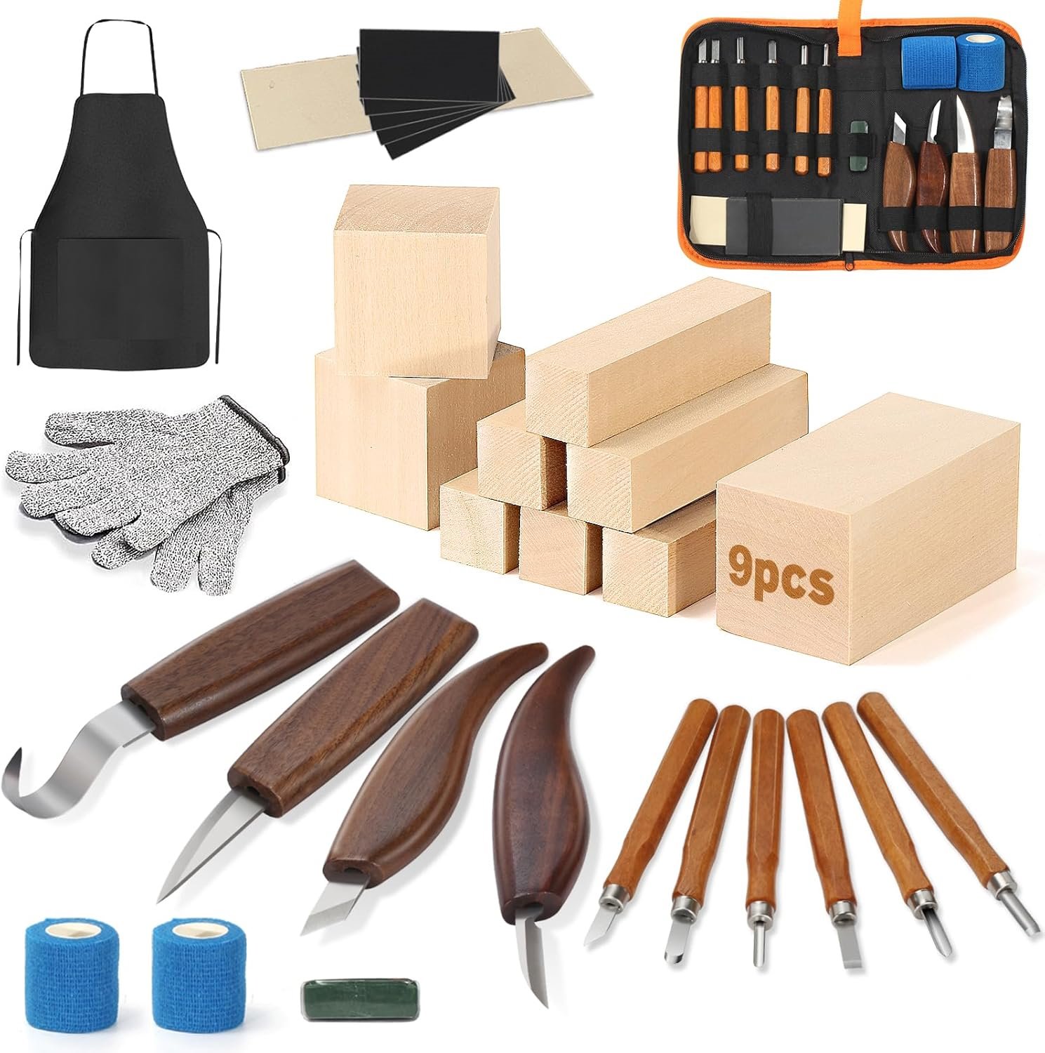 39PCS Wood Carving Kit for Beginners,Wood Carving Tools Set with 9 Basswood, Apron, Sandpaper, Gloves and Bandages, Wood Whittling Kits for Beginner...