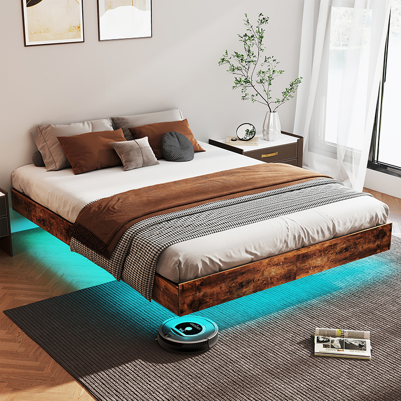 Floating Bed Frame with LED Lights, Rustic Brown Industrial Platform Bed, Hidden Legs Design/Noise-Free/No Box Spring Needed/Under-Bed Storage, Modern Bedroom Furniture