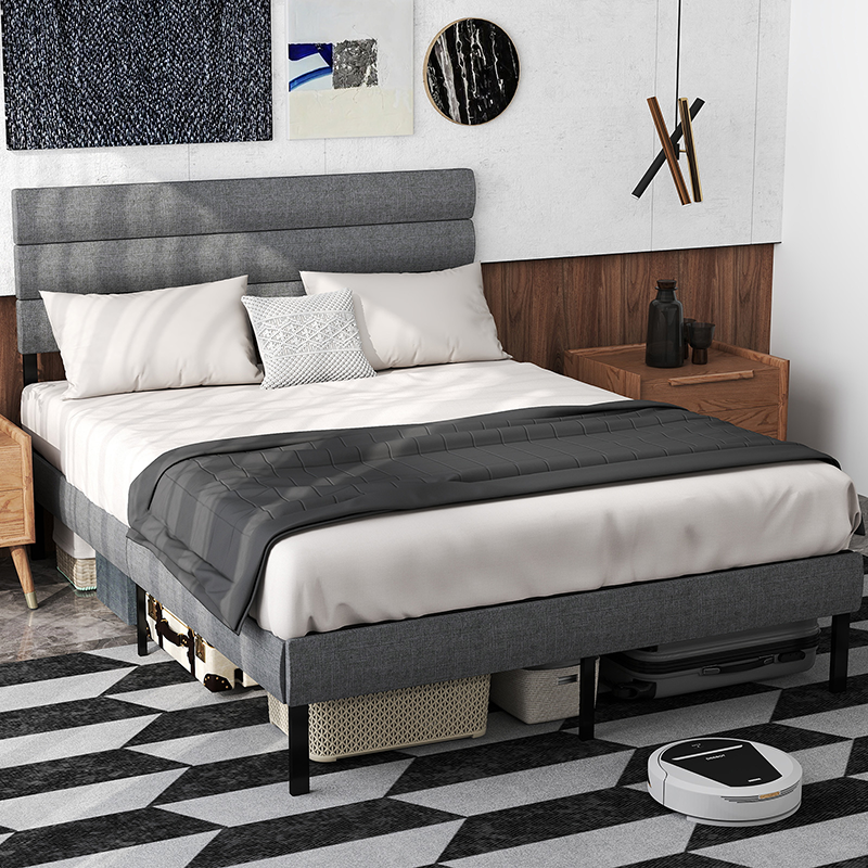 Frame Upholstered Platform Bed with Adjustable Headboard, Heavy Duty Metal Mattress Foundation with Wooden Slats Support, No Box Spring Needed, Noise-Free, Under-Bed Storage, Dark Grey