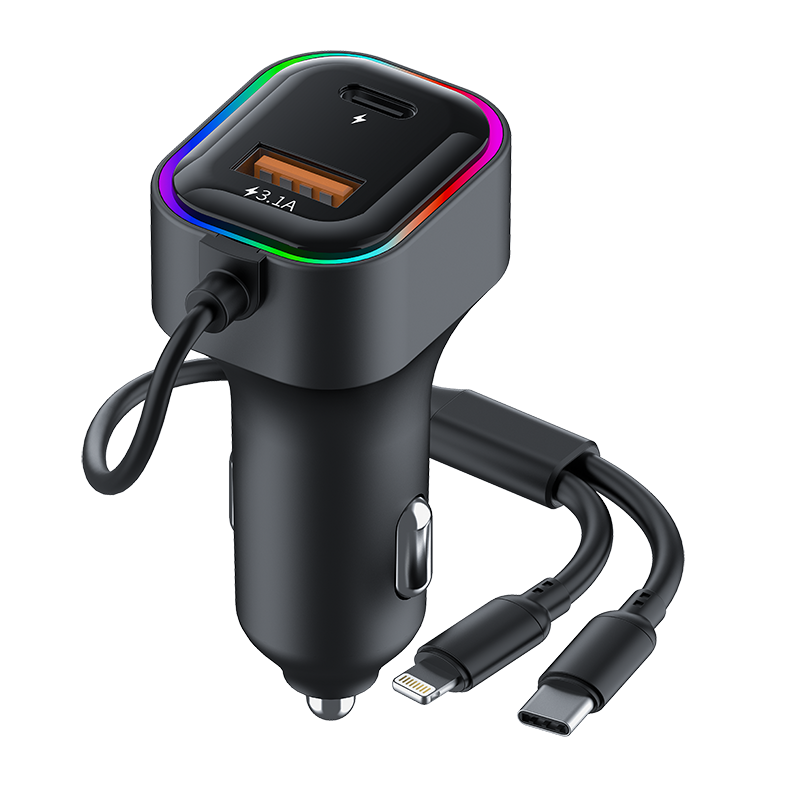 4-in-1 Retractable Car Charger, Fast Charging Car Adapter with Built-in Coiled USB C & Lightning Cables, 3.1A USB A & Type-C Ports, Colorful LED Light, Universal Compatible with iPhone 15/14/13, Samsung Galaxy, Pixel, Android