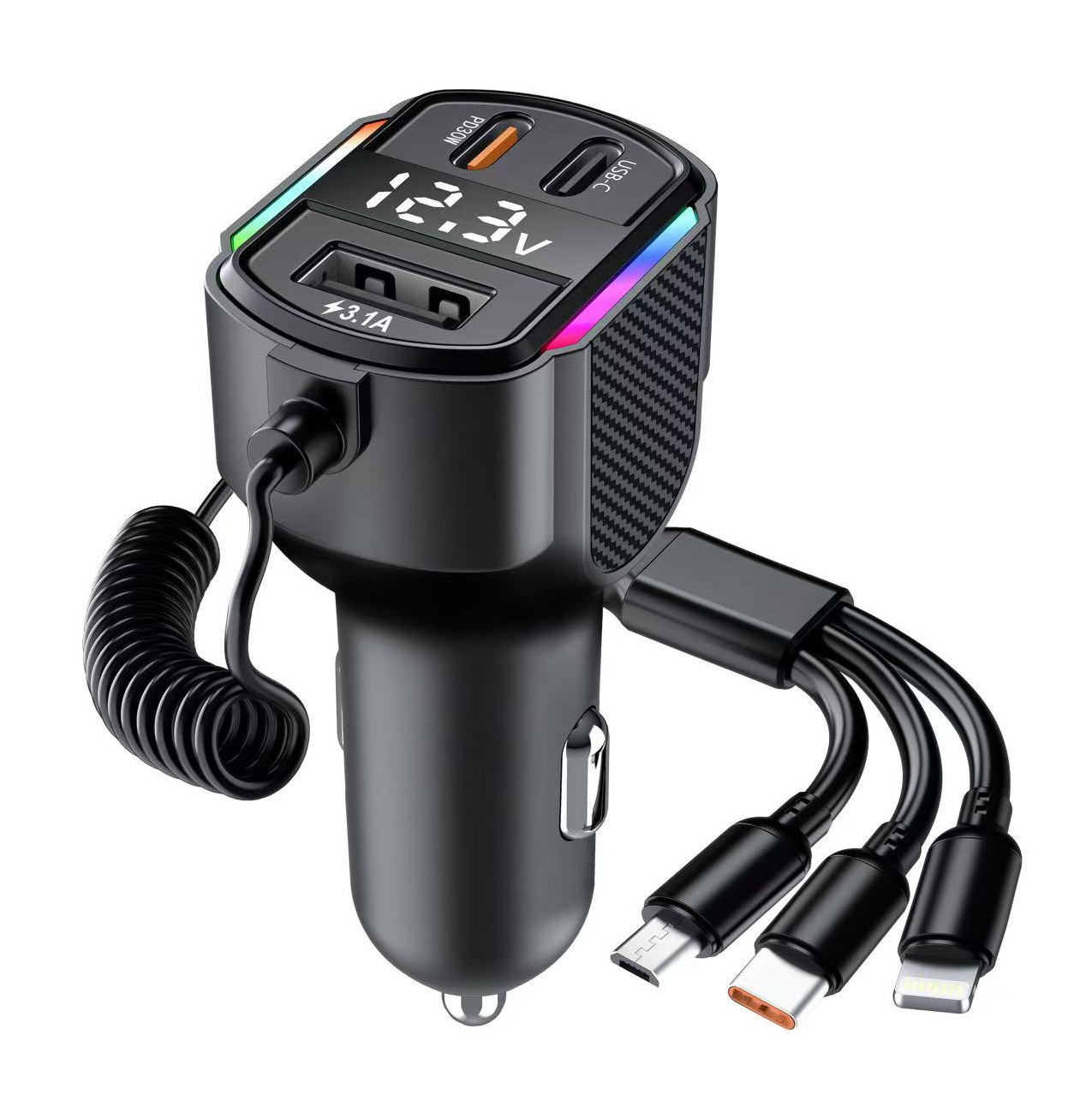 5-in-1 Car Charger Adapter, 90W Super Fast Charging with Retractable Multi Cable (USB-C/Lightning/Micro), PD 30W & QC 3.0 Ports, LED Voltage Display, Carbon Fiber Design for iPhone, Samsung, Tablets