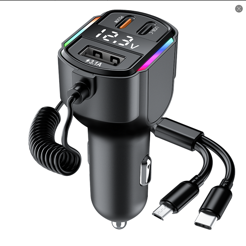 Car Charger Adapter with PD 30W & 3.1A USB Port, Built-in Coiled USB-C and Micro Cables, LED Voltage Display & RGB Light, Compatible with iPhone 15/14/13, Samsung, Pixel, Tablets