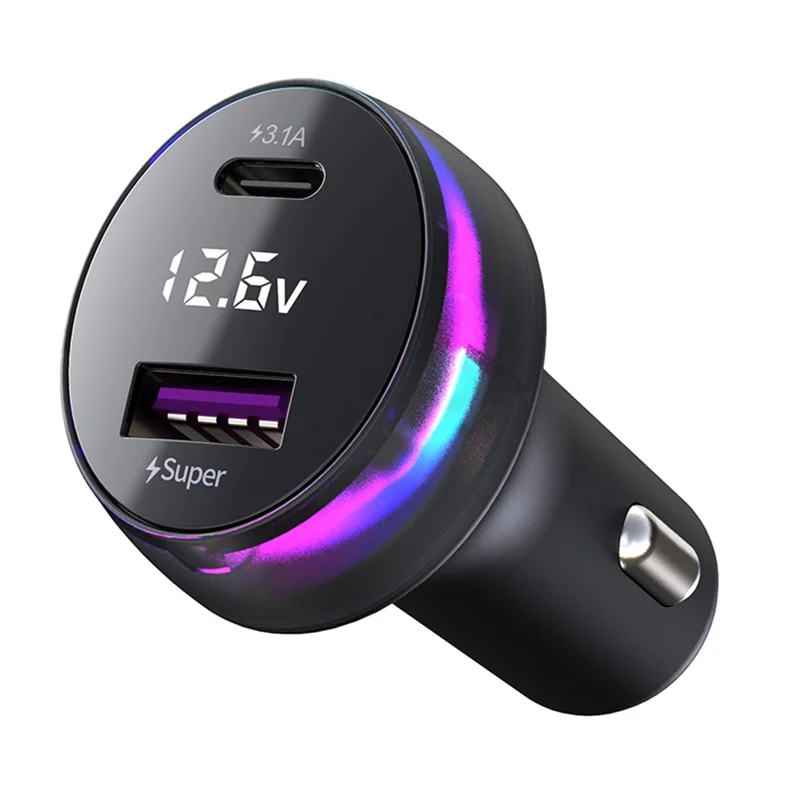 Car Charger Fast Charge with 12.6V LED Voltage Display, Dual Port PD 3.1A USB-C & Super USB Adapter, RGB Colorful Breathing Light, Compatible with iPhone 15/14/13, Samsung, iPad, Black