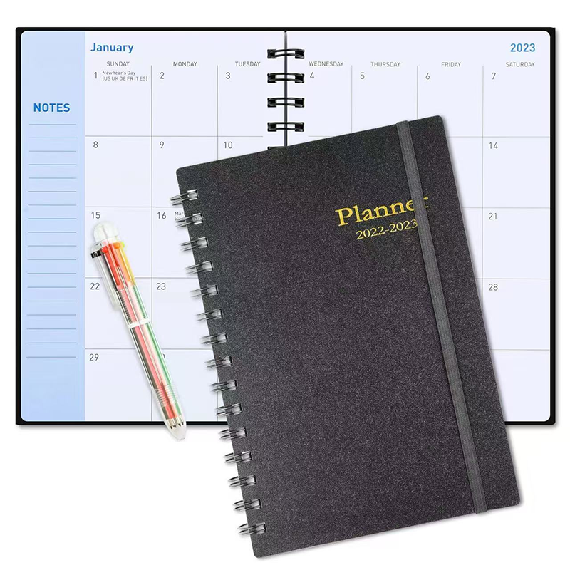 Weekly & Monthly Planner with 6-in-1 Multi-Color Retractable Pen, A5 Spiral Bound Hardcover Academic Diary with Elastic Band & Inner Pocket, for Office, School & Journaling.