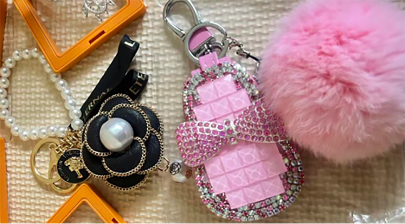 Luxury Keychain Charms for Women, Pink Rhinestone Pom Pom & Camellia Flower Bag Pendant, Elegant Pearl Keychain Accessory