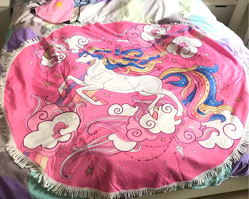 Round Unicorn Beach Towel with Tassels, Large Microfiber Mandala Sandproof Beach Blanket, Designer Hand-Drawn Magic Unicorn Bath Towel