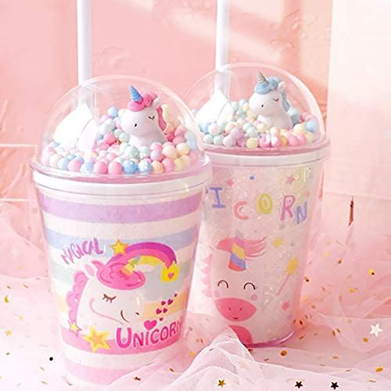 380ML Double Wall Tumbler with Straw, Cute Unicorn Dome Lid with Colorful Bubbles, BPA-Free Reusable Water Bottle for Kids & Girls
