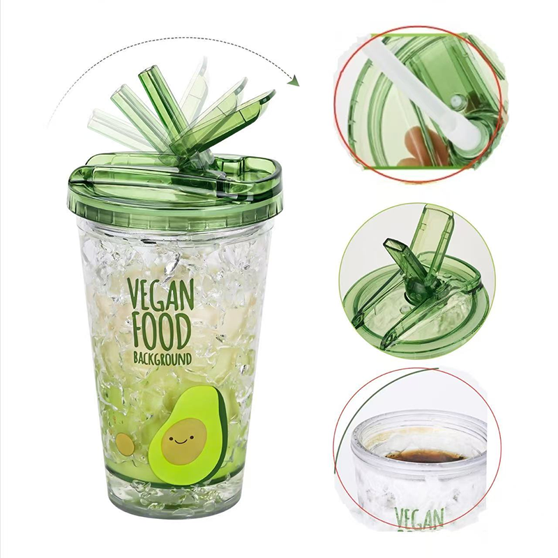 430ML Double Wall Gel Freezer Mug with Straw, Insulated Iced Coffee Tumbler, Avocado Green Cooling Cup for Summer Smoothies & Juice