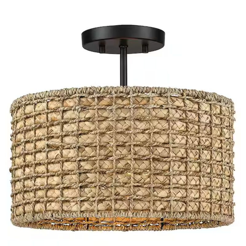 Natural Rattan Semi-Flush Mount Ceiling Light, 2-Light Japanese Style Woven Drum Lamp with Black Canopy for Hallway & Entryway