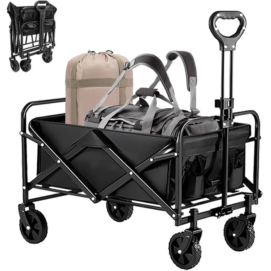Black Folding Wagon Collapsible Utility Cart for Beach & Garden